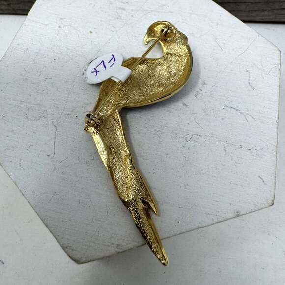 Vintage Gold-Tone Enamel & Rhinestone Parrot Brooch With Emerald Eye - Picture 6 of 7